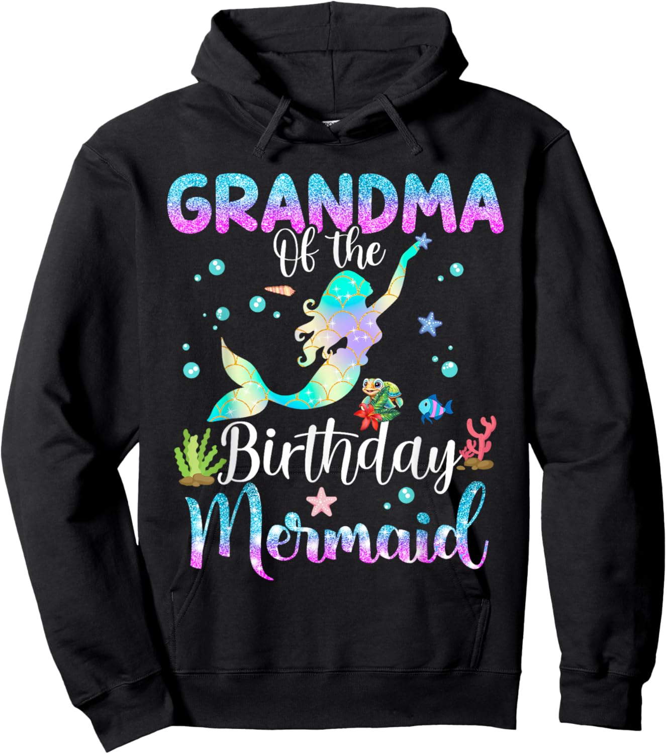 Grandma Of The Birthday Mermaid Funny Matching Family Party Hoodie - Hoodie | Black