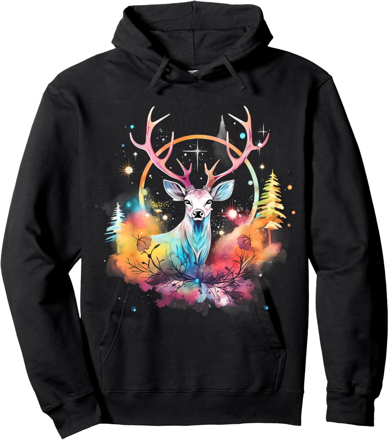 Deer Colourful Floral Motif Forest Nature Animal Lovers Hoodie - Hoodie | Black