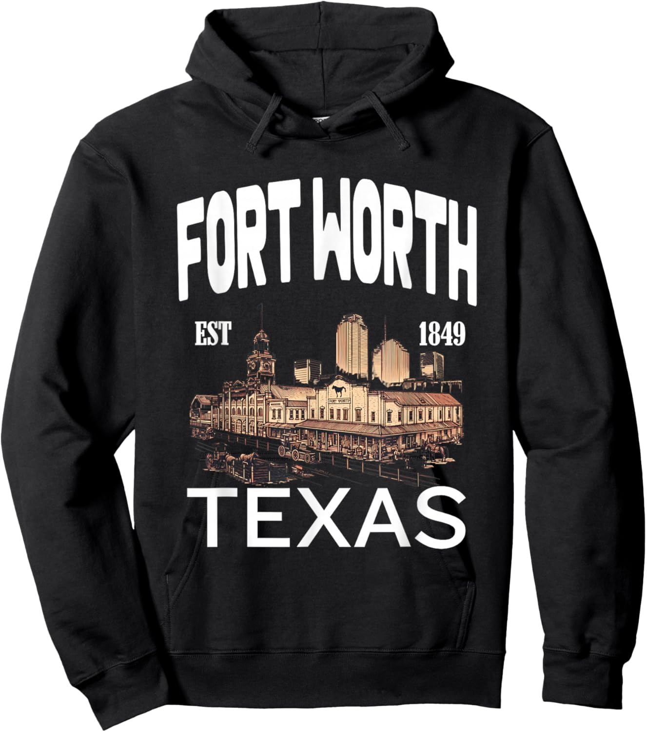Fort Worth Texas EST 1849-Skyline Historic Stockyards Hoodie - Hoodie | Black