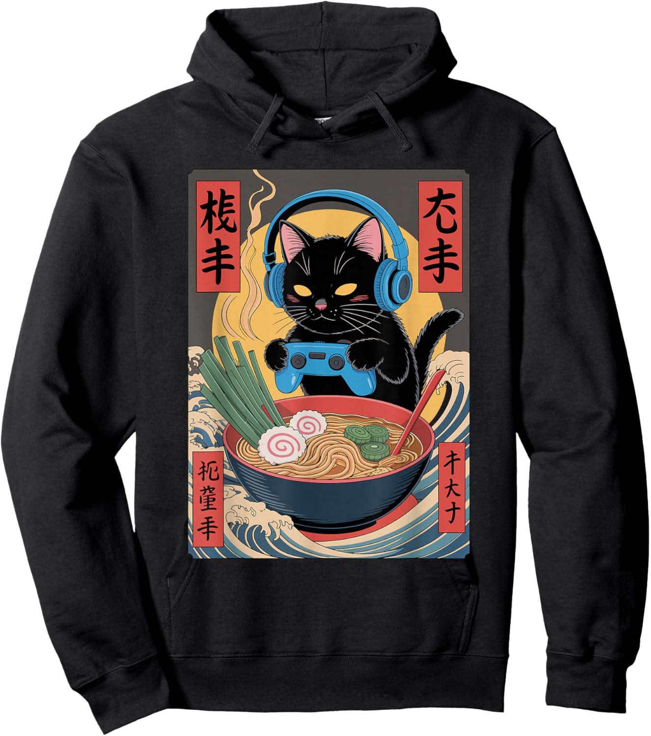 Cute Kawaii Gamer Cat Funny Ramen Retro Japanese Cat Gaming Hoodie - Hoodie | Black