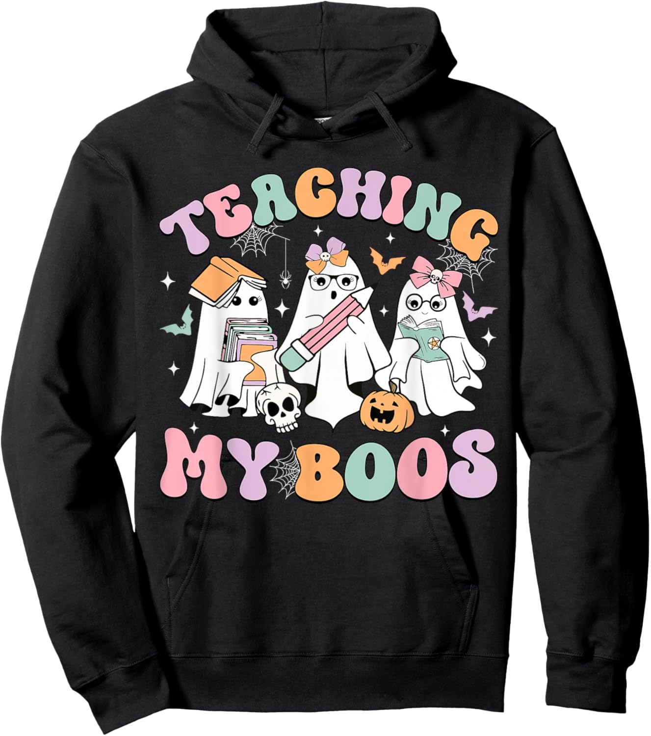 Teaching My Boos Cute Book Ghost Groovy Teacher Halloween Women Kids Hoodie - Hoodie | Black