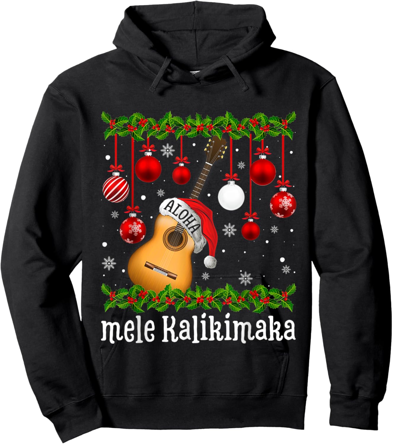 Funny Mele Kaliki Maka Christmas Tree Santa Guitar Hawaiian Hoodie - Hoodie | Black
