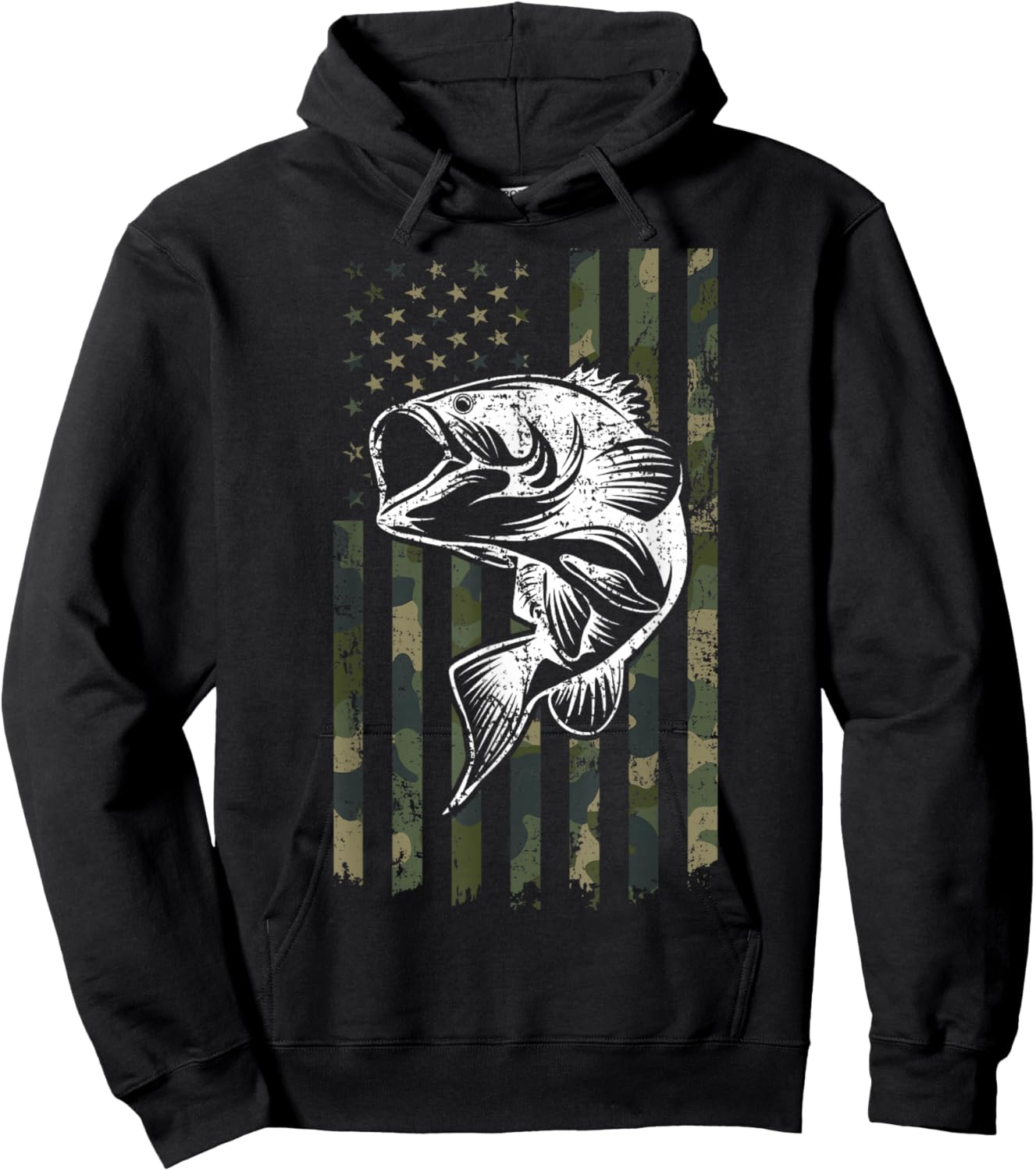 Large mouth Bass Fishing Camo American Flag USA Fisherman Hoodie - Hoodie | Black