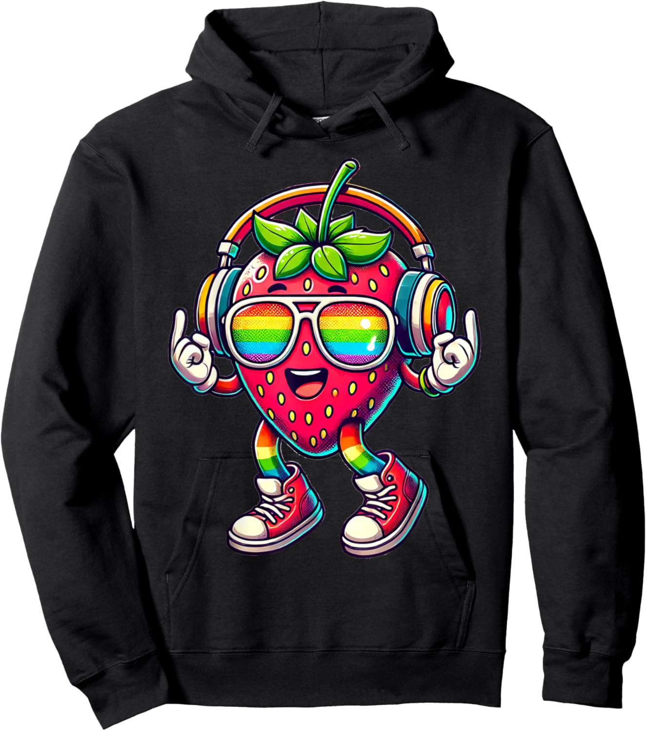 Erdbeere Kopfhörer | Lustige Retro Erdbeere mit Kopfhörern Hoodie - Hoodie | Black