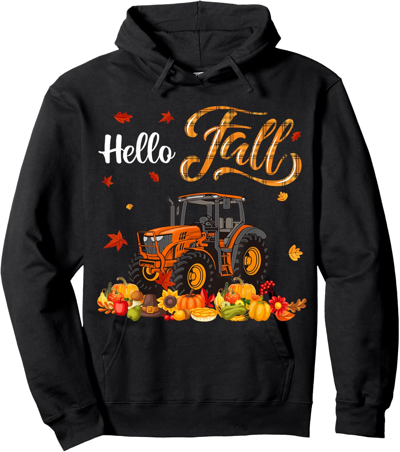 Thanksgiving Fall Orange Plaid Autumn Pumpkins Tractor Lover Hoodie - Hoodie | Black