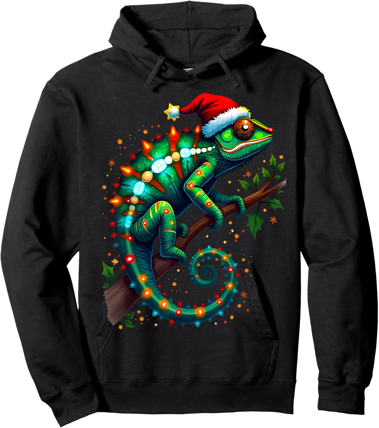 Chameleon Santa Hat Lights Christmas Cute Xmas Pajama Hoodie - Hoodie | Black