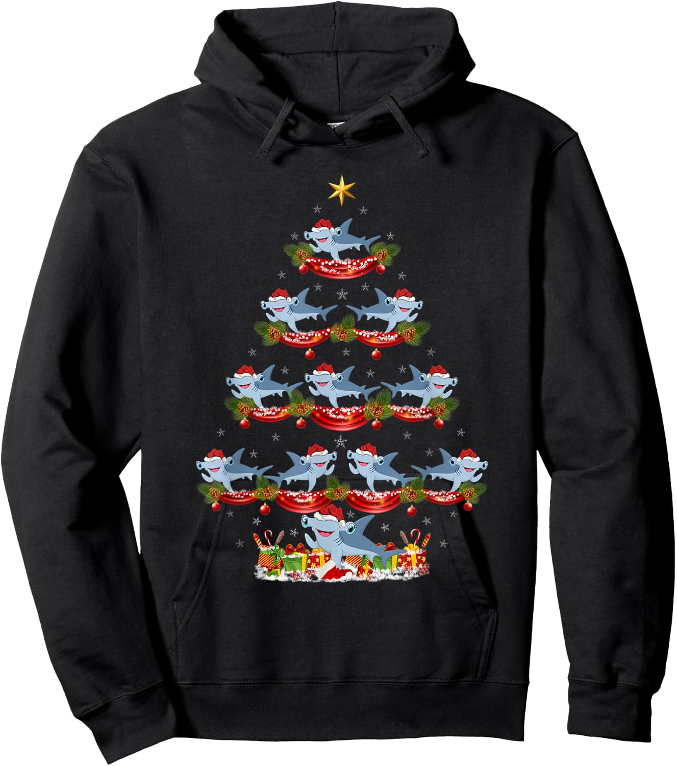 Xmas Holiday Santa Hammerhead Shark Christmas Tree Hoodie - Hoodie | Black