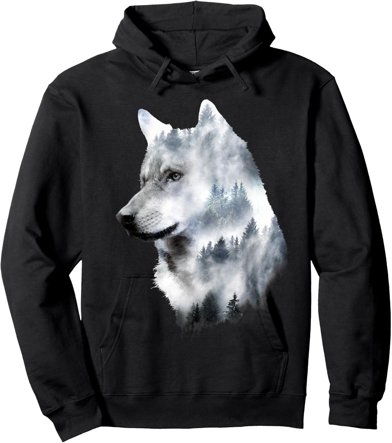 Dramabite Double Exposure Wolf - Men's Black Small Classic Fit Short Sleeve Animal-Wolf Graphic Hoodie - Hoodie | Black