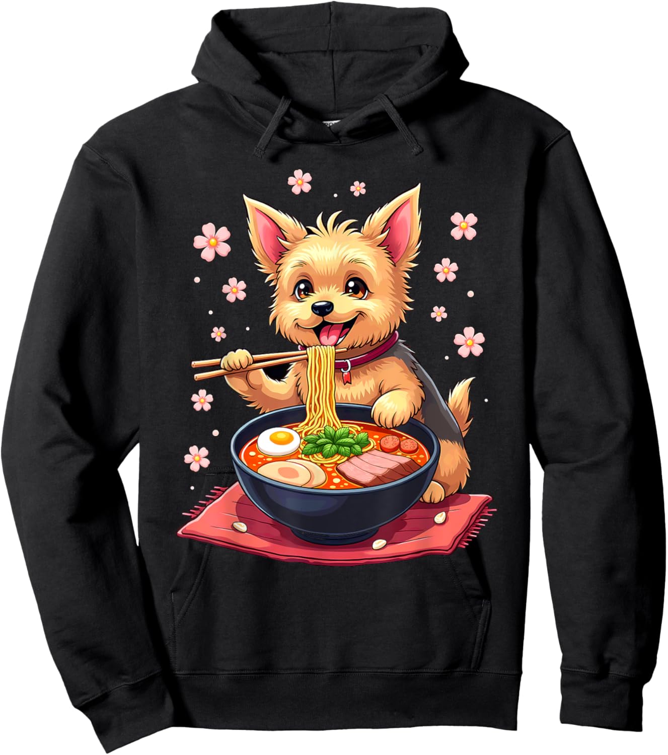 Japanese Kawaii Yorkie Dog Eating Ramen Hoodie - Hoodie | Black