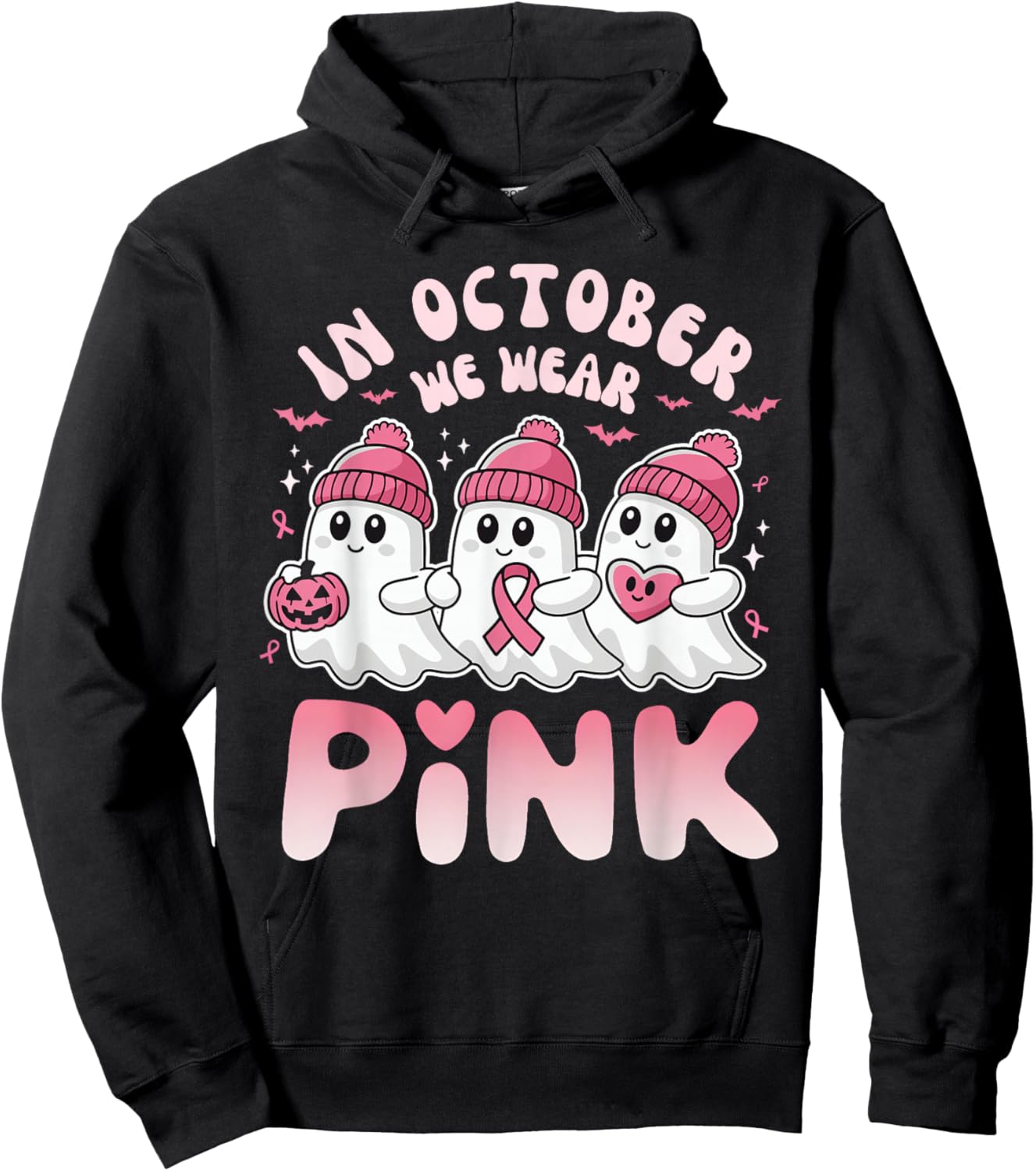 In October We Wear Pink Spooky Ghost Breast Cancer Awareness Hoodie - Hoodie | Black