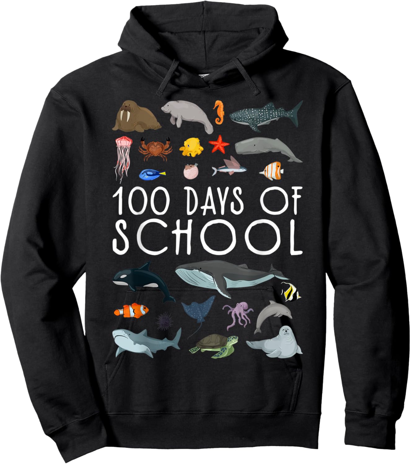 Sea Animals 100 Days of School Cute Sea Animals Boys Girls Hoodie - Hoodie | Black