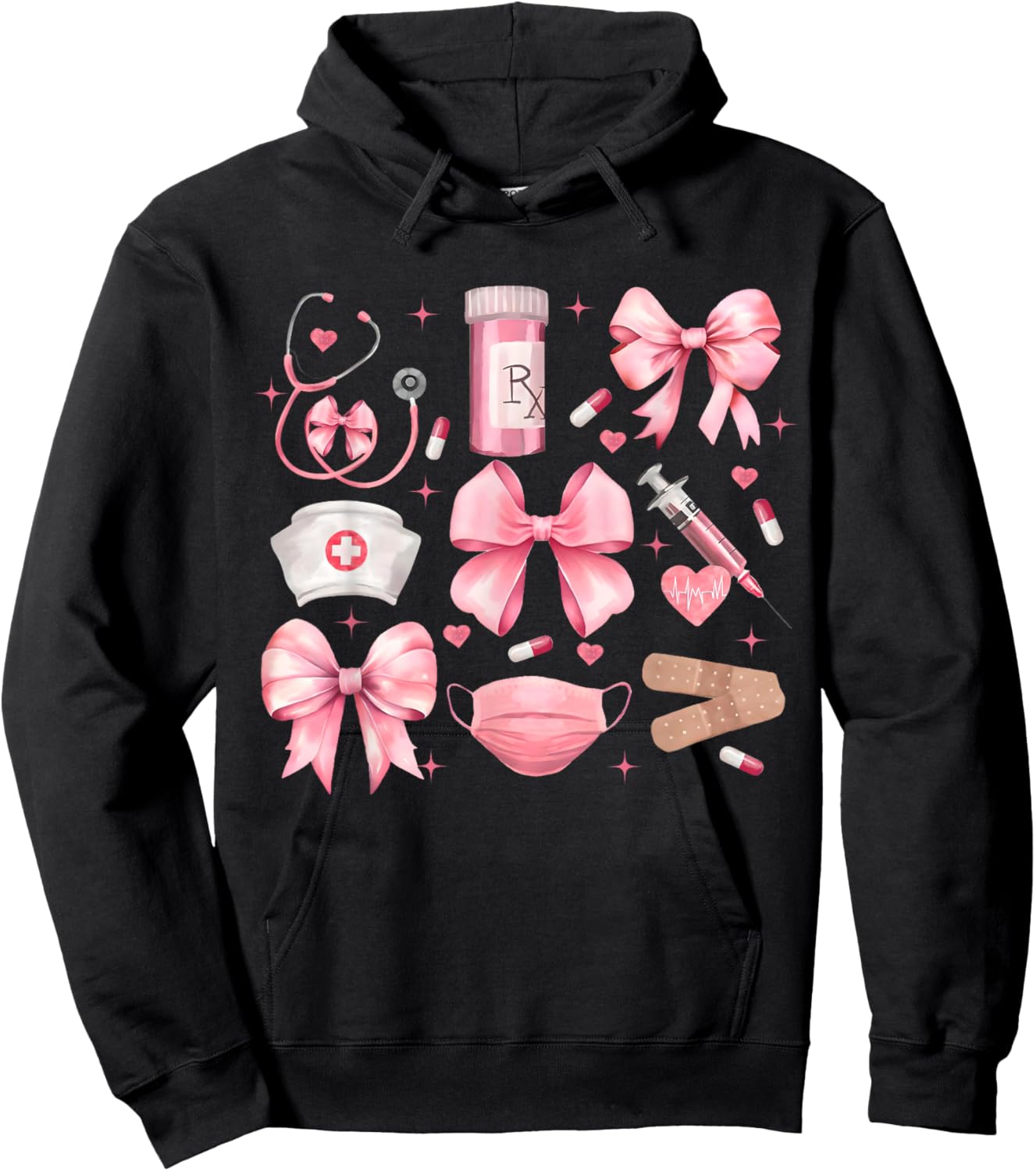 Women Pink Retro Nurse Coquette Pink Bow Girlie Nurse Life Hoodie - Hoodie | Black