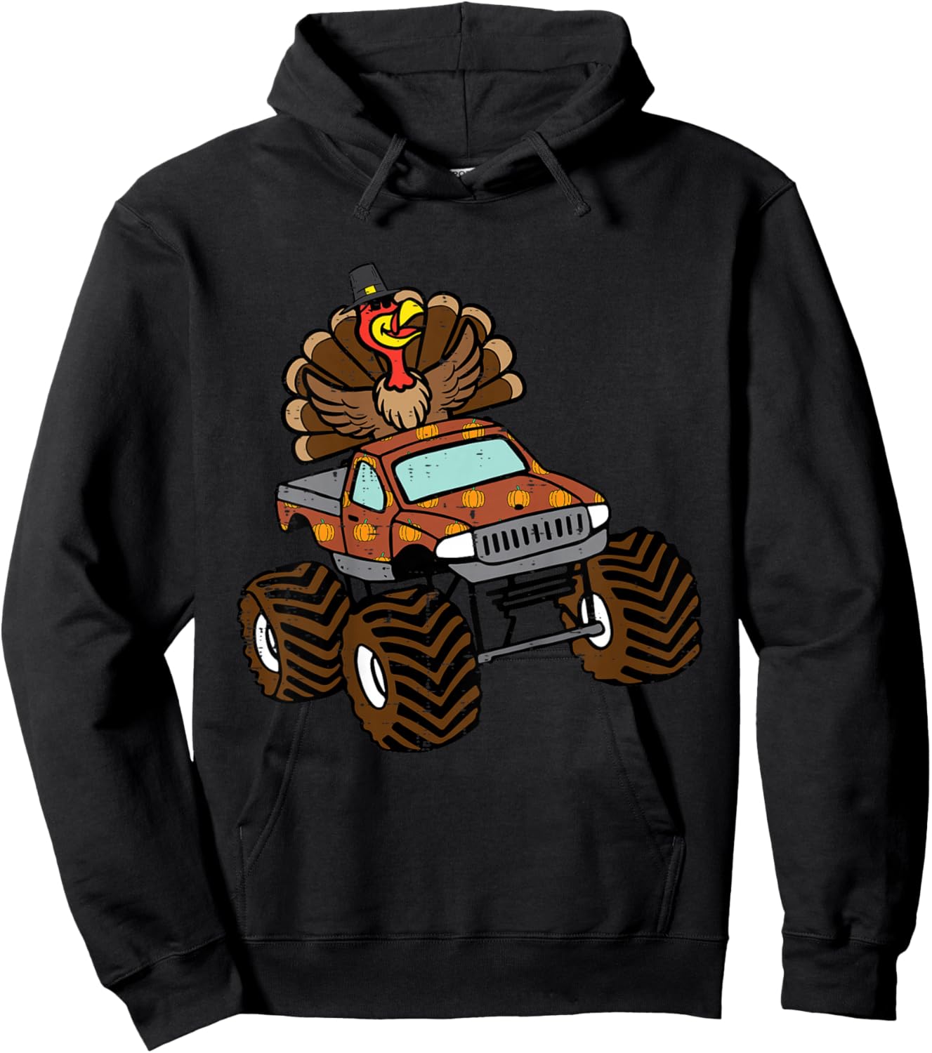 Kids Thanksgiving Turkey On Monster Truck Toddler Boys Kids Youth Hoodie - Hoodie | Black
