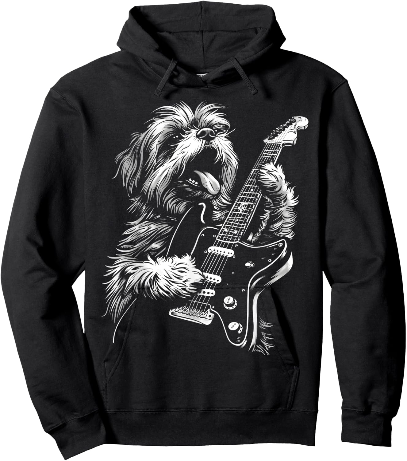 Funny Shih Tzu Dog Playing Electric Guitar Rock Dog Dad Men Women Kids Hoodie - Hoodie | Black