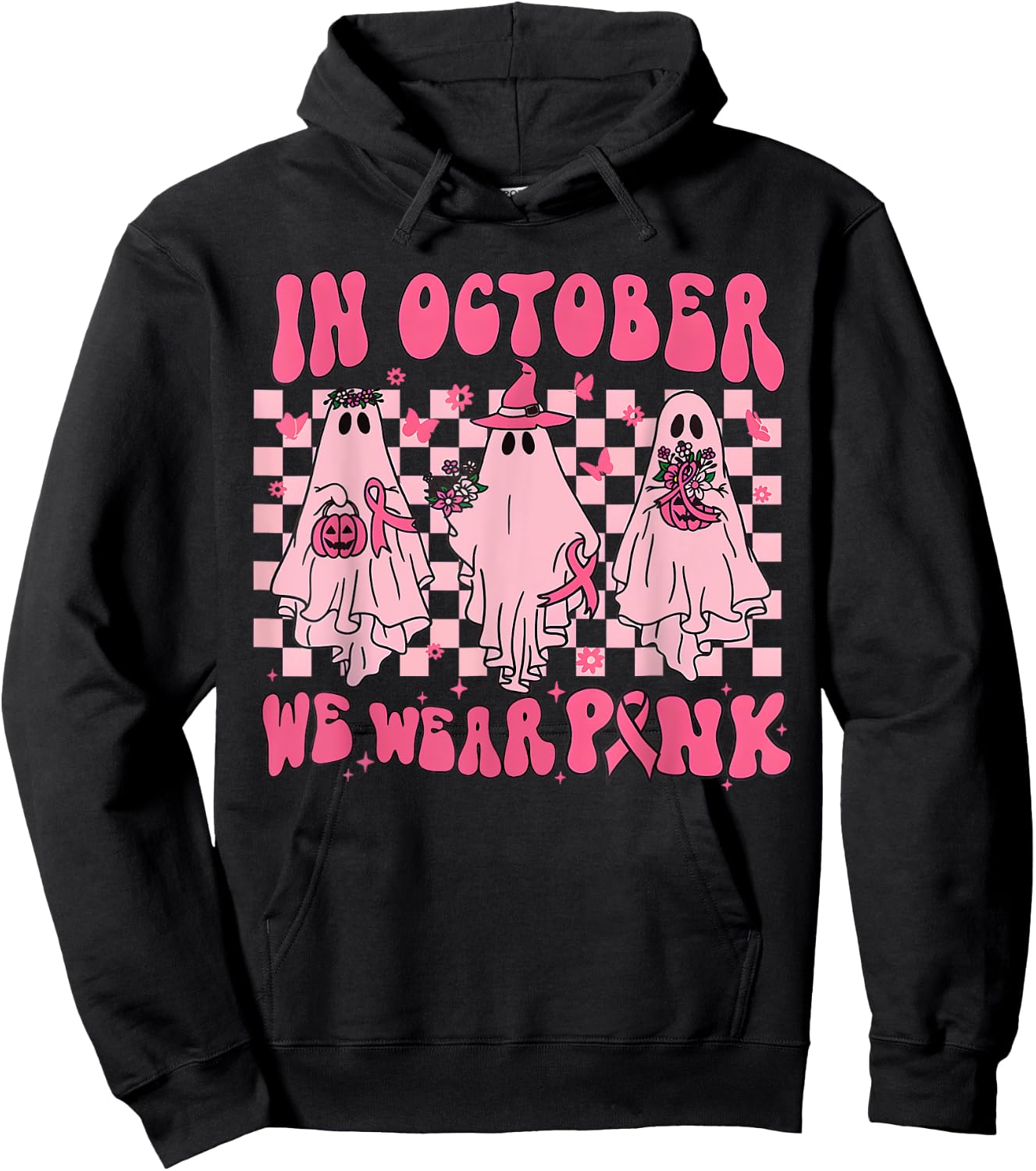 In October We Wear Pink Ghost Groovy Breast Cancer Halloween Hoodie - Hoodie | Black