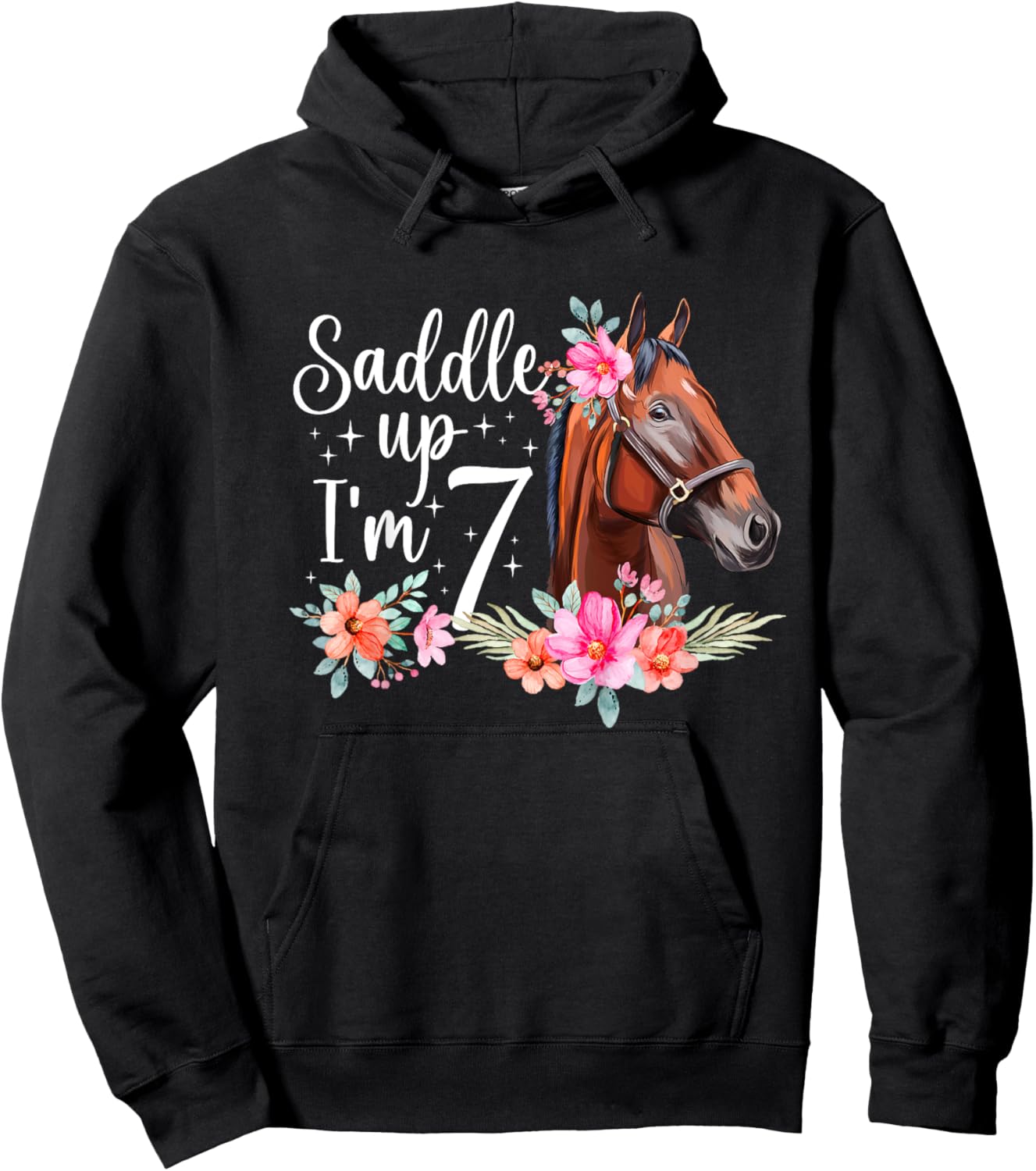 Kids 7th Horse Birthday Seven Year Old Girl Horses Birthday Hoodie - Hoodie | Black