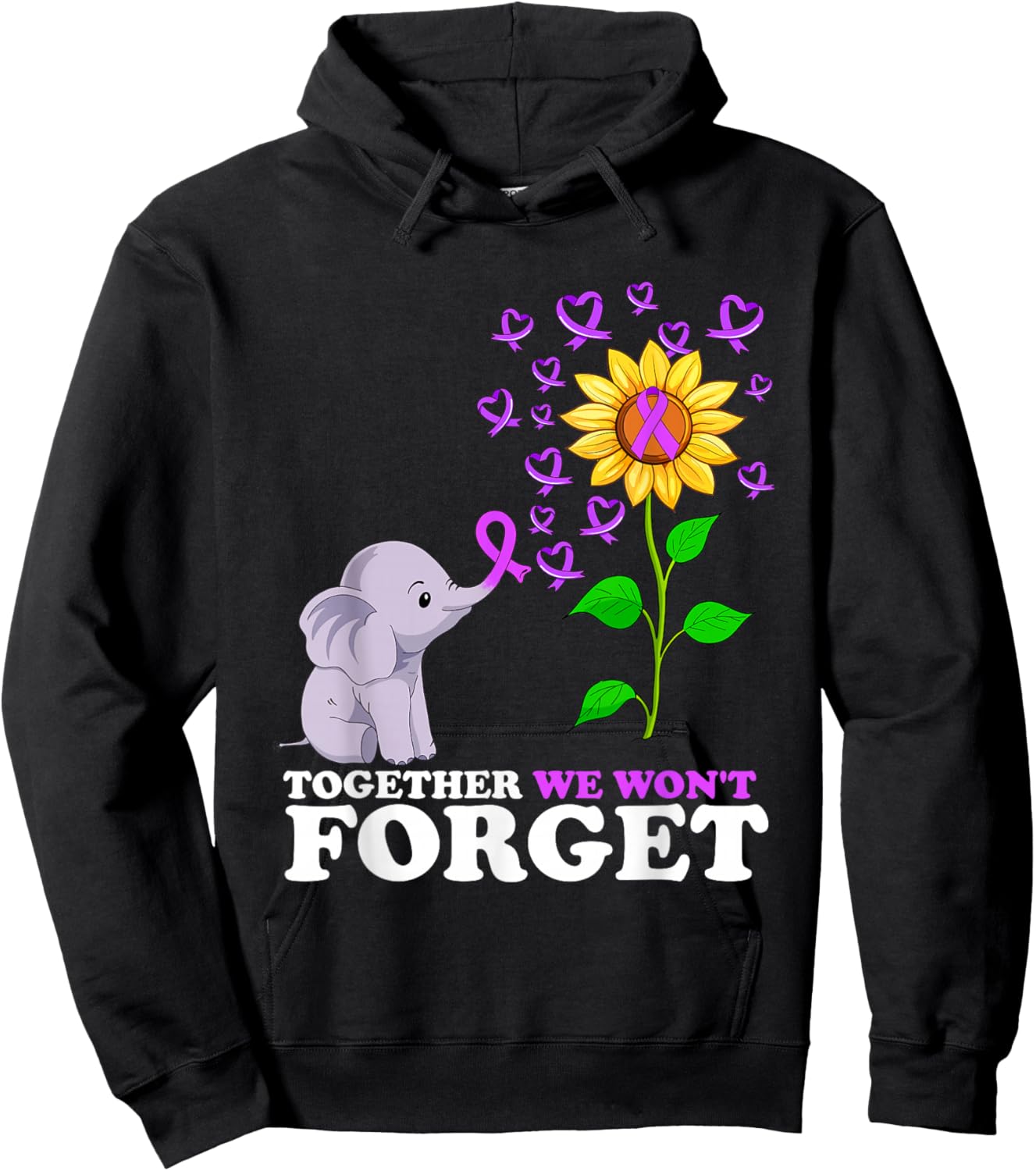 Elephant Purple Ribbon End Alzheimer's Awareness Sunflower Hoodie - Hoodie | Black