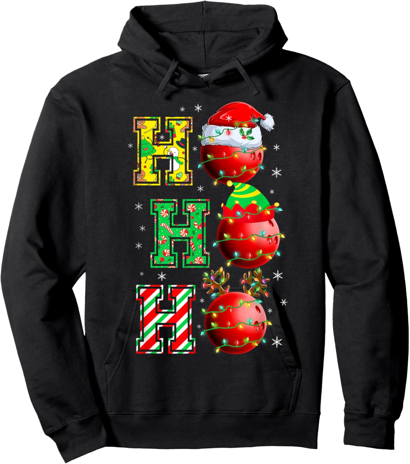 HOHOHO Santa Elf Reindeer Bowling Balls & Christmas Lights Hoodie - Hoodie | Black