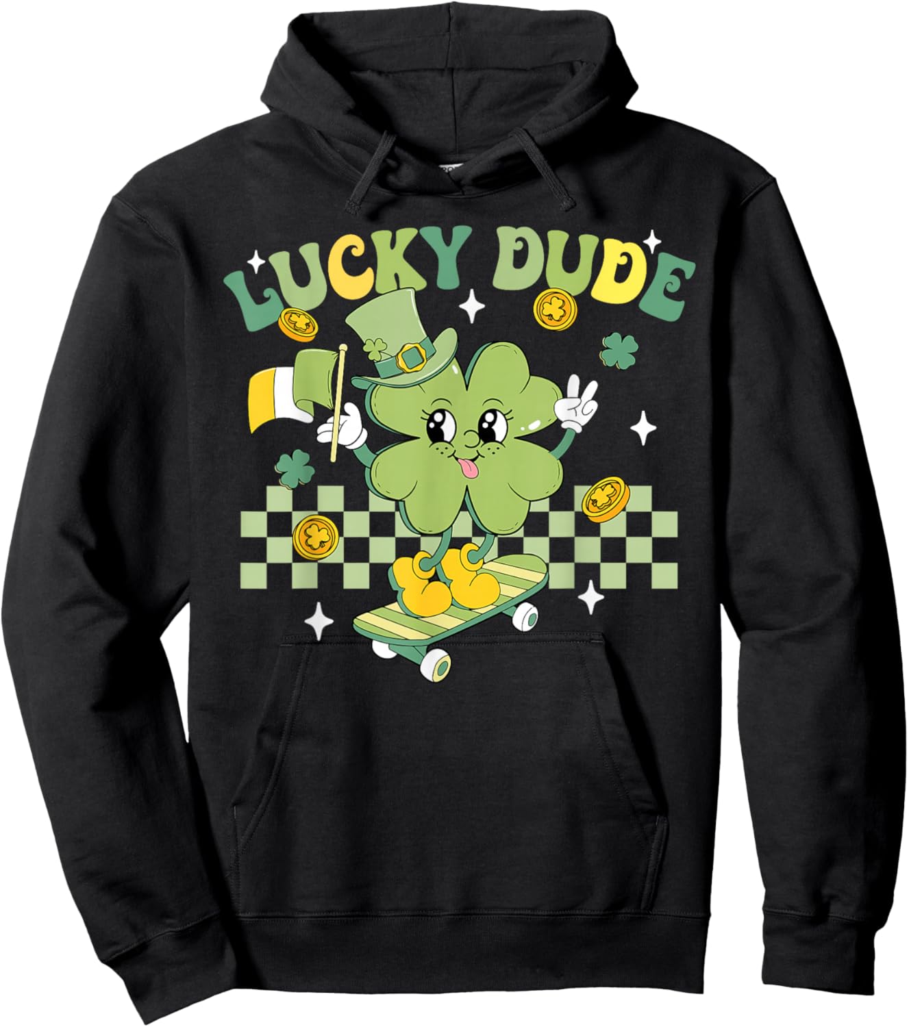 Lucky Dude Funny St Patrick's Day Kid Skateboarding Shamrock Hoodie - Hoodie | Black