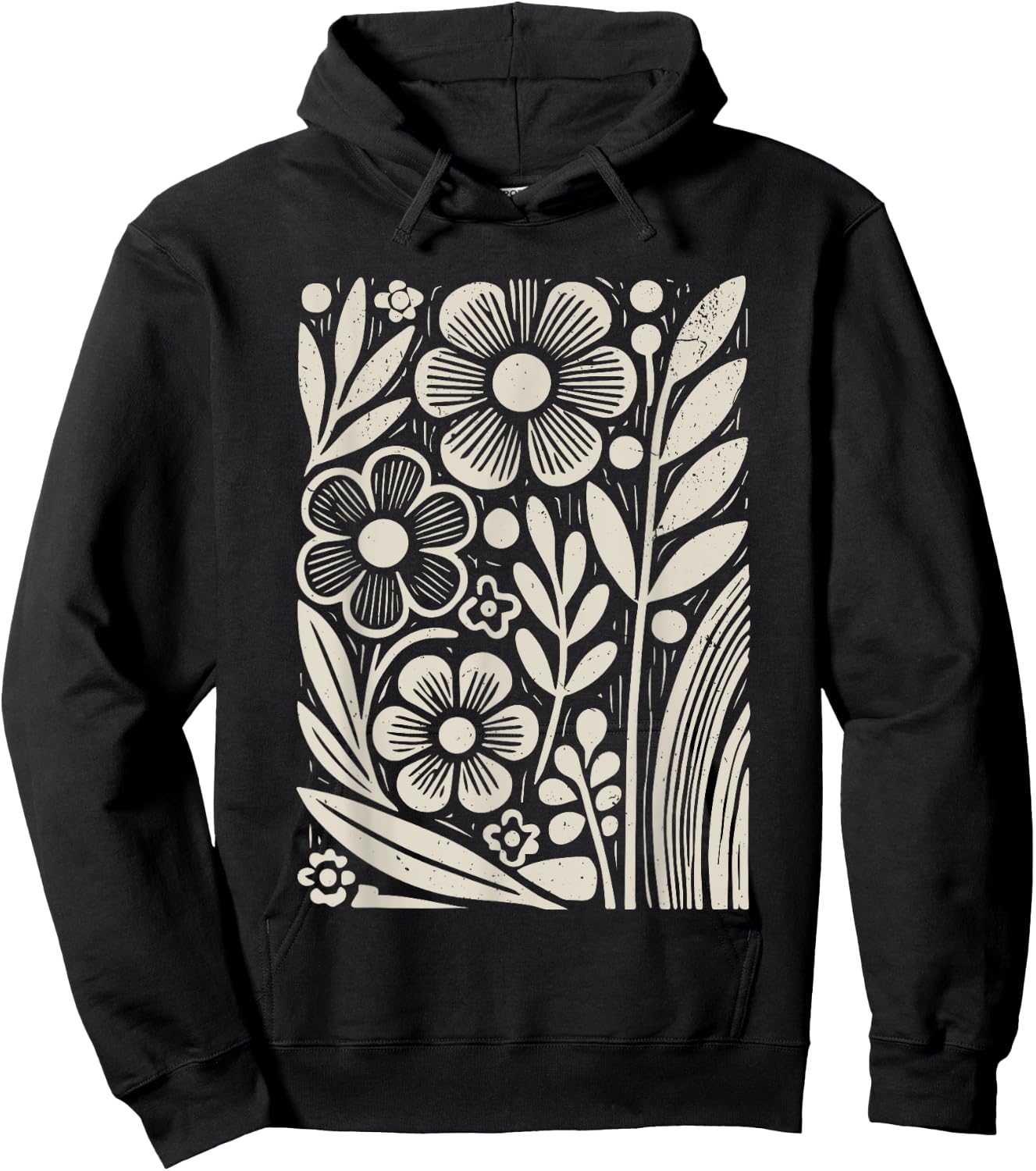 Botanical Floral Line Art Minimalist Nature Linocut Print Hoodie - Hoodie | Black