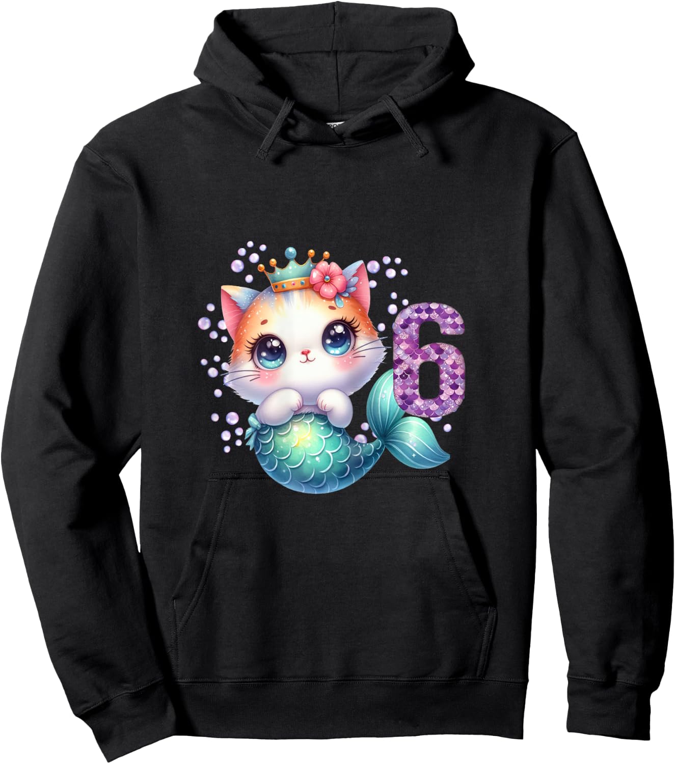 Cat Mermaid 6th Birthday 6 Year Old Party Girls Outfit Hoodie - Hoodie | Black