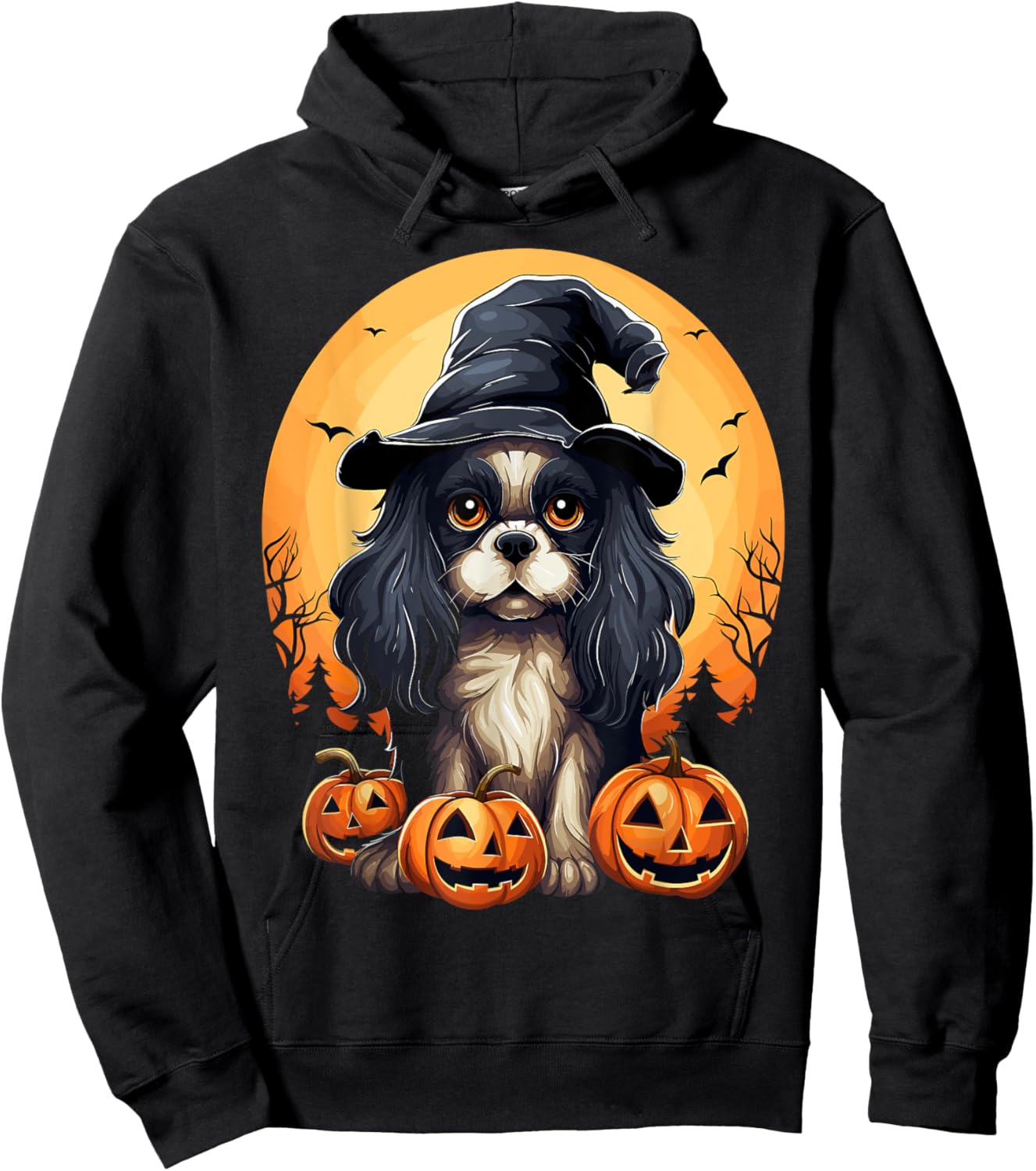Halloween Cavalier King Charles Spaniel Witch Hat Pumpkin Hoodie - Hoodie | Black