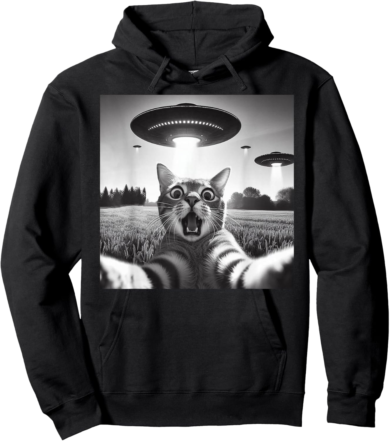 Cat Selfie With UFO Hilarious Alien Encounter Hoodie - Hoodie | Black