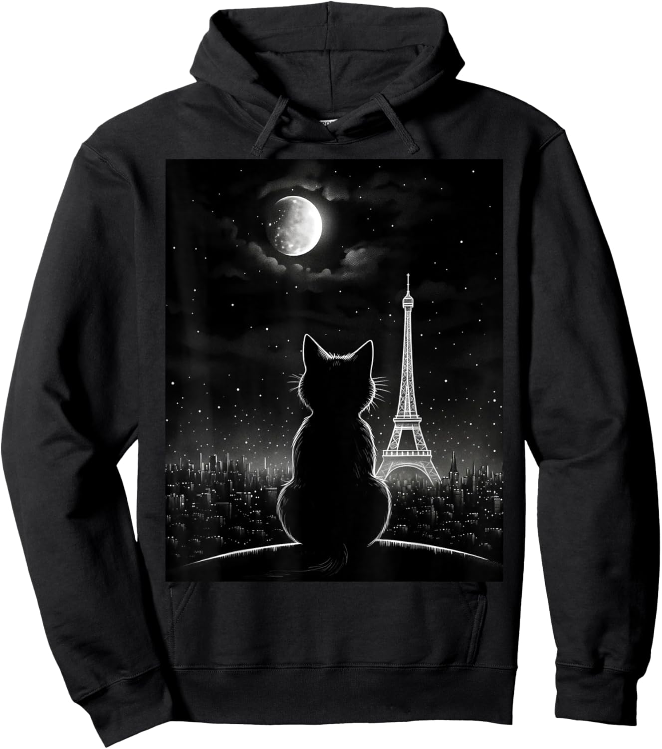 Aesthetic Black Cat Star Night Eiffel Tower In Paris Hoodie - Hoodie | Black