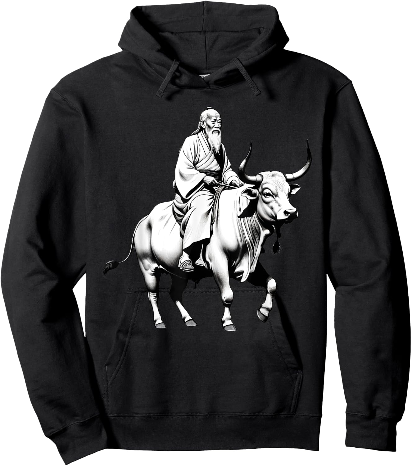 Vintage Spiritual Design Lao Tzu Riding An Ox, Tao Te Ching -Adults, -Kids Grey Short Sleeve Classic Fit Polyester Hoodie - Hoodie | Black