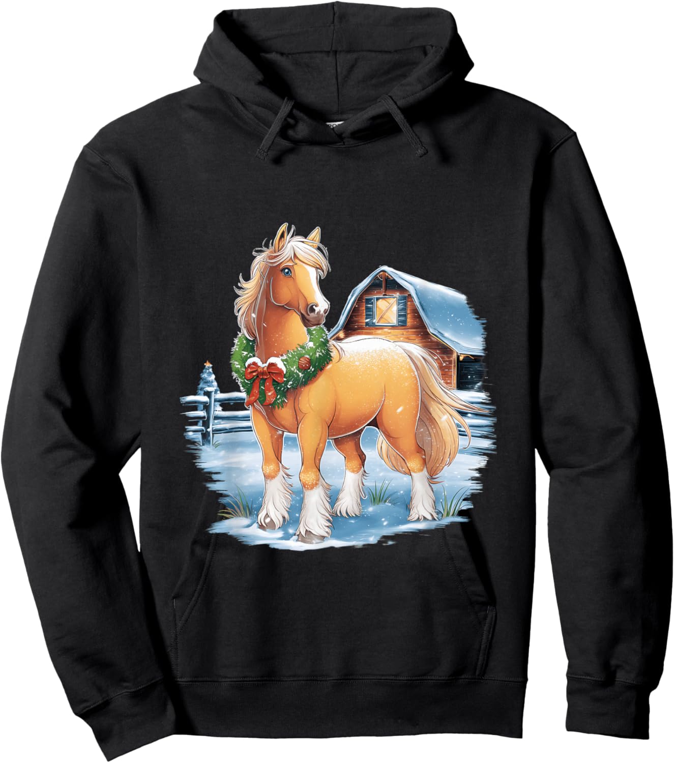 Festive Horse with Wreath in Snowy Barnyard Scene Hoodie - Hoodie | Black