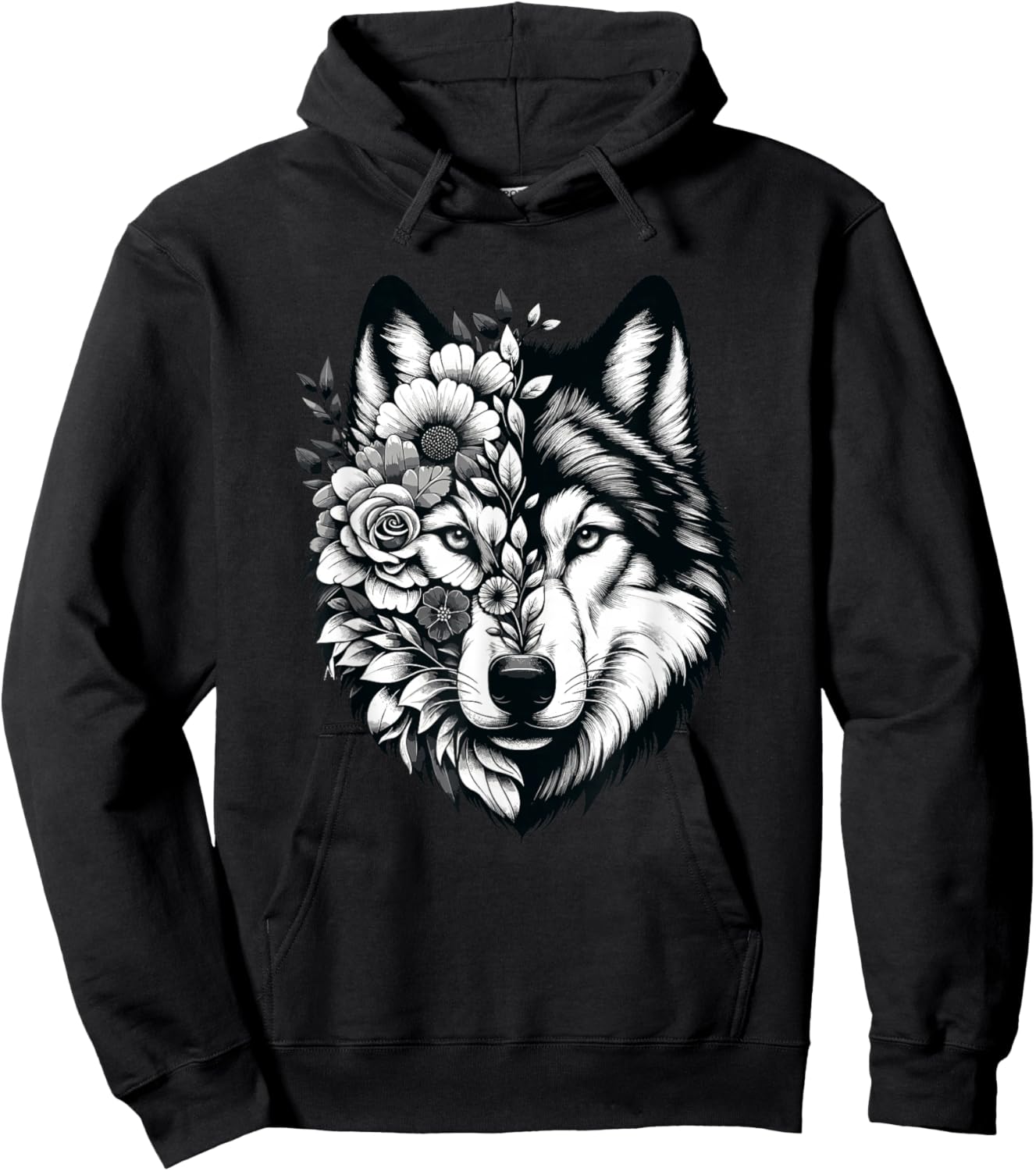 Wolf & Flowers, Wolf Graphic & Floral Wolf Face Hoodie - Hoodie | Black