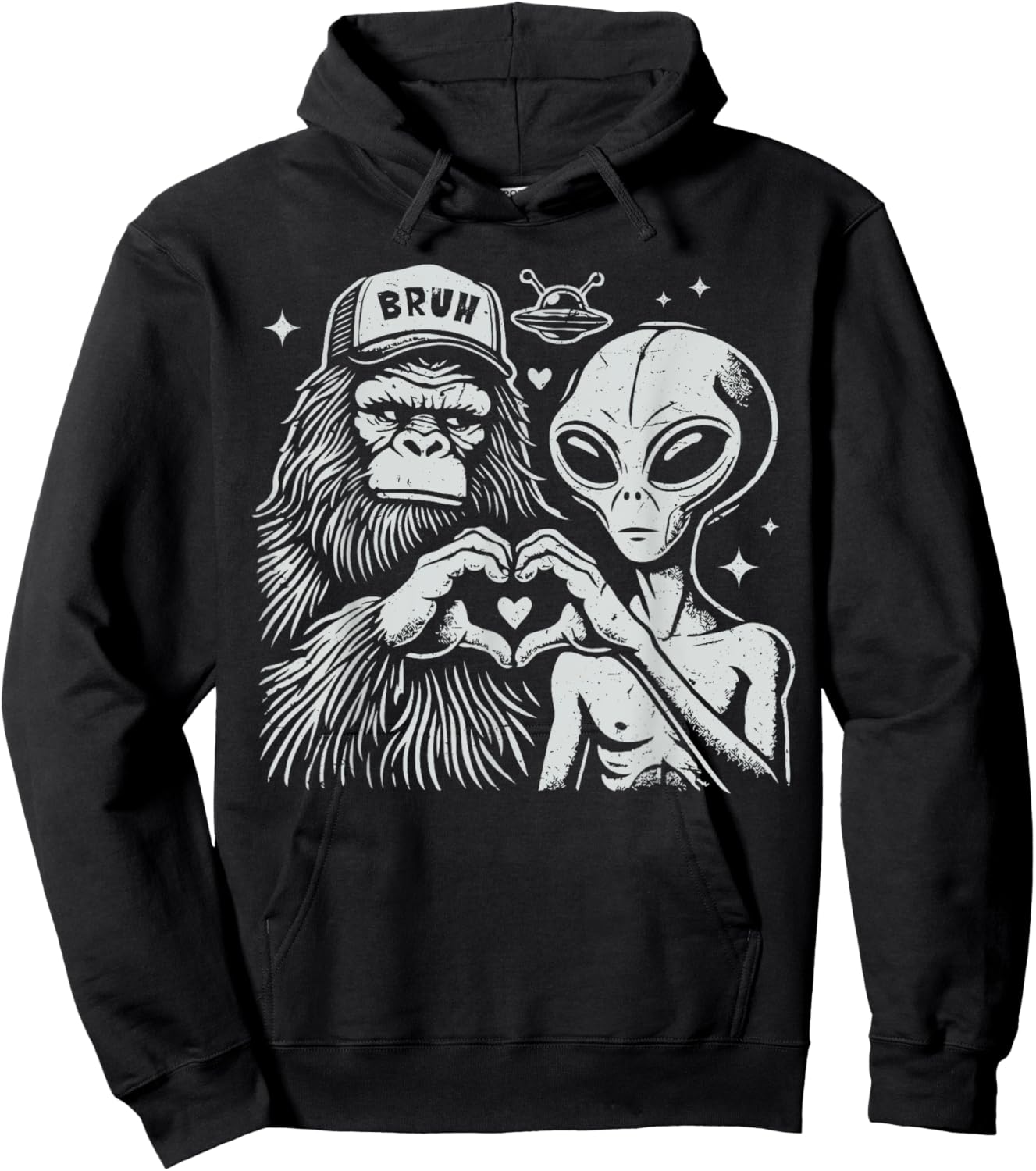 Vintage Funny Bigfoot and Alien Heart Hand Sign Hoodie - Hoodie | Black