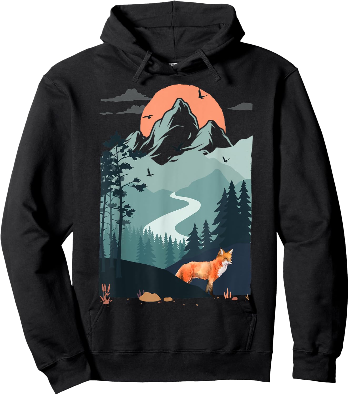 Mountain sunset Pine Tree Bird flying sky Red Standing Fox Hoodie - Hoodie | Black