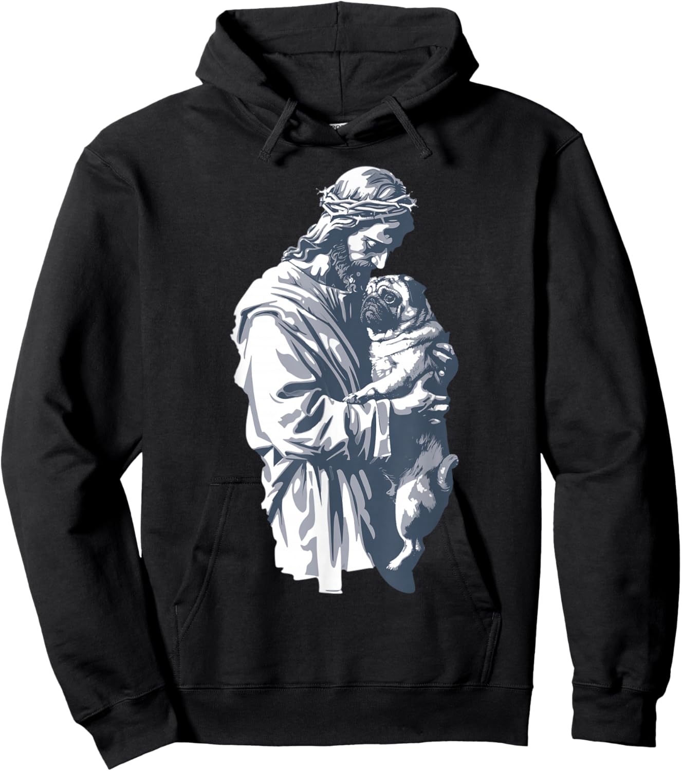Funny Vintage Jesus Holding Cute Pug Retro 90s Christian Hoodie - Hoodie | Black