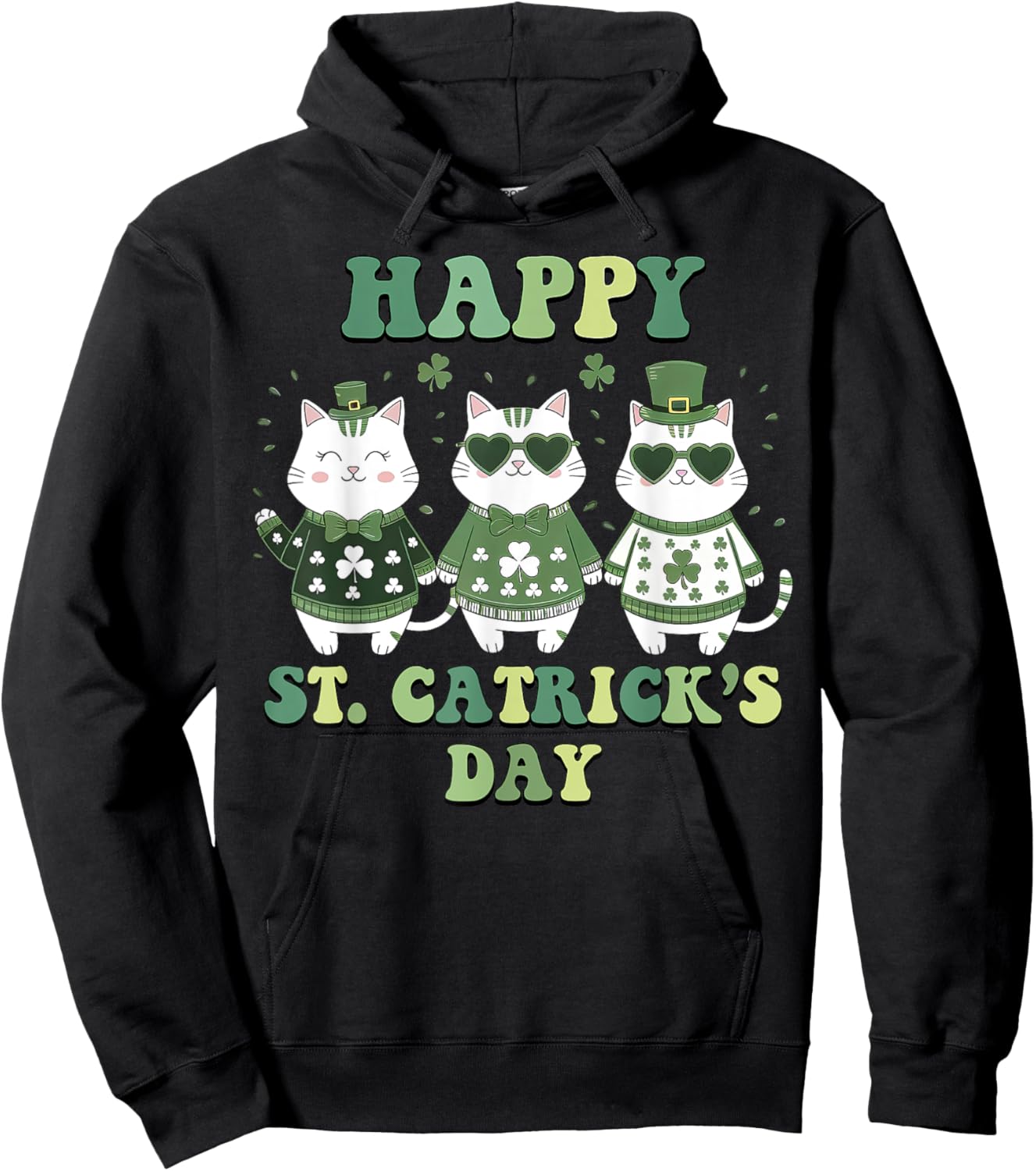 Happy St Patricks Catricks Day Cats Pattys Women Boy Girl Hoodie - Hoodie | Black