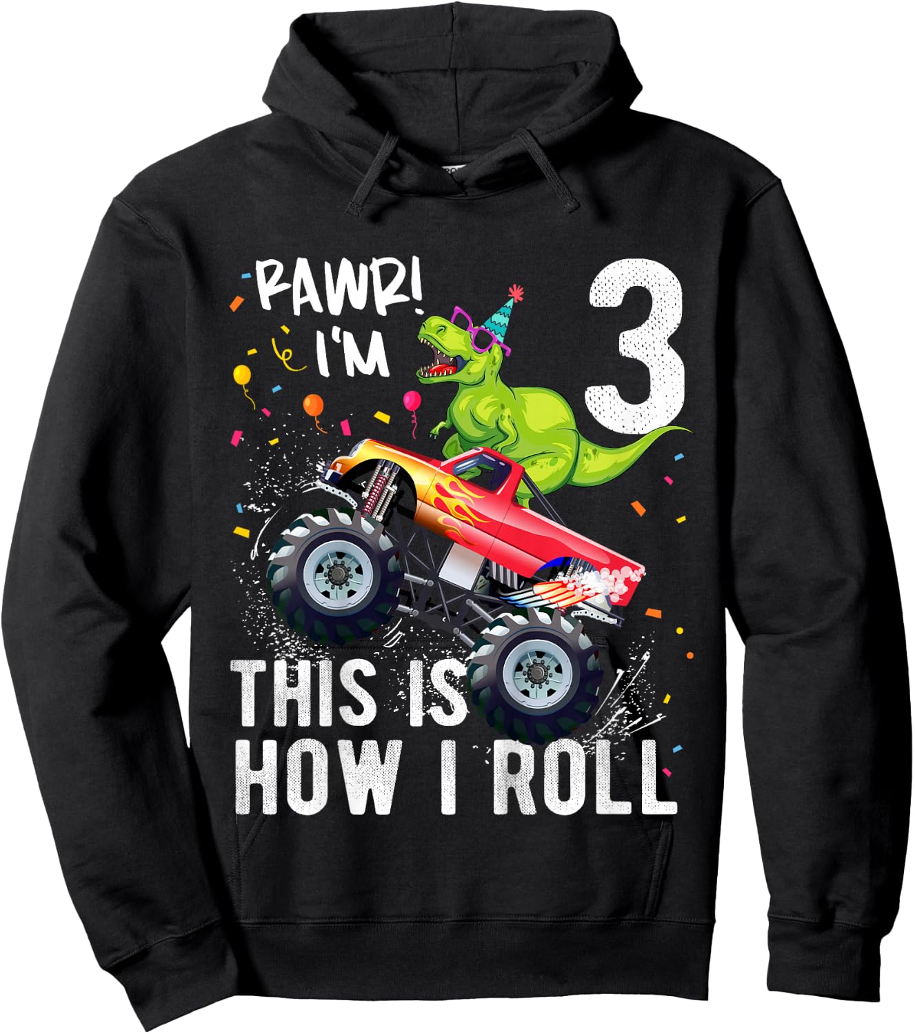 Kids T Rex Dinosaur Monster Truck 3rd Birthday Boys and Girls Hoodie - Hoodie | Black
