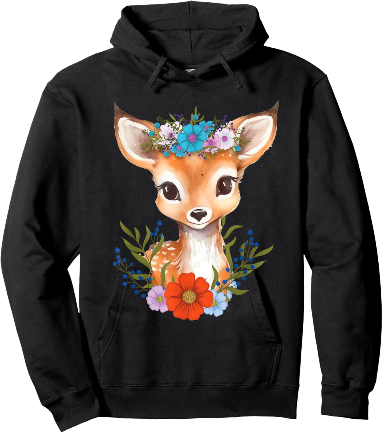 Floral Crown Baby Deer - Hunting Wildlife Forest Animal Hoodie - Hoodie | Black