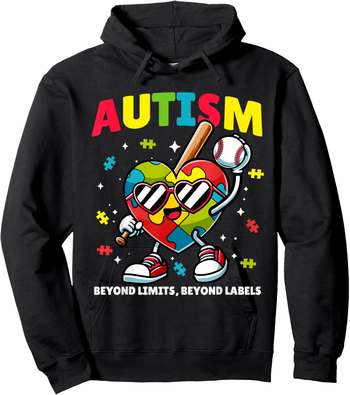 Autism Baseball Heart | Puzzle Awareness Design for Kids Hoodie - Hoodie | Black