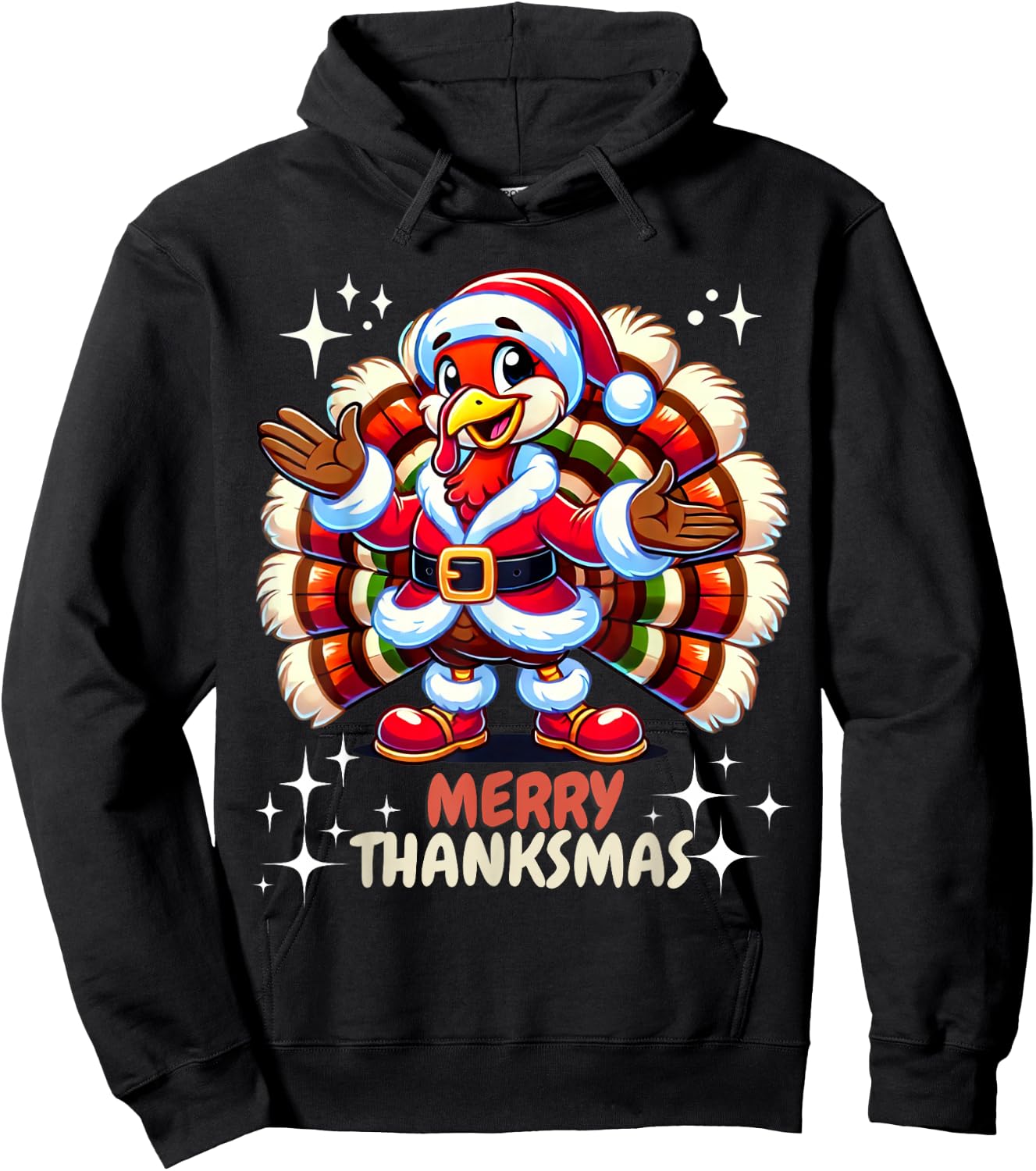 Funny Merry Thanksmas Thanksgiving Turkey Xmas Hoodie - Hoodie | Black