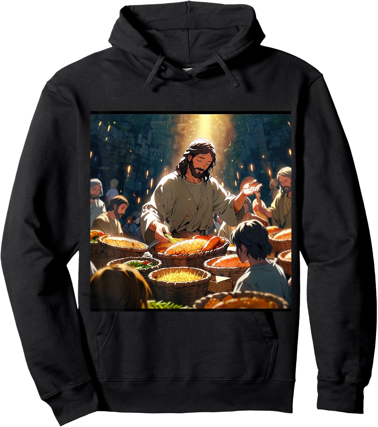 Jesus Anime Miracle Fishes and Loaves Matthew 14 Feed 5000 Hoodie - Hoodie | Black