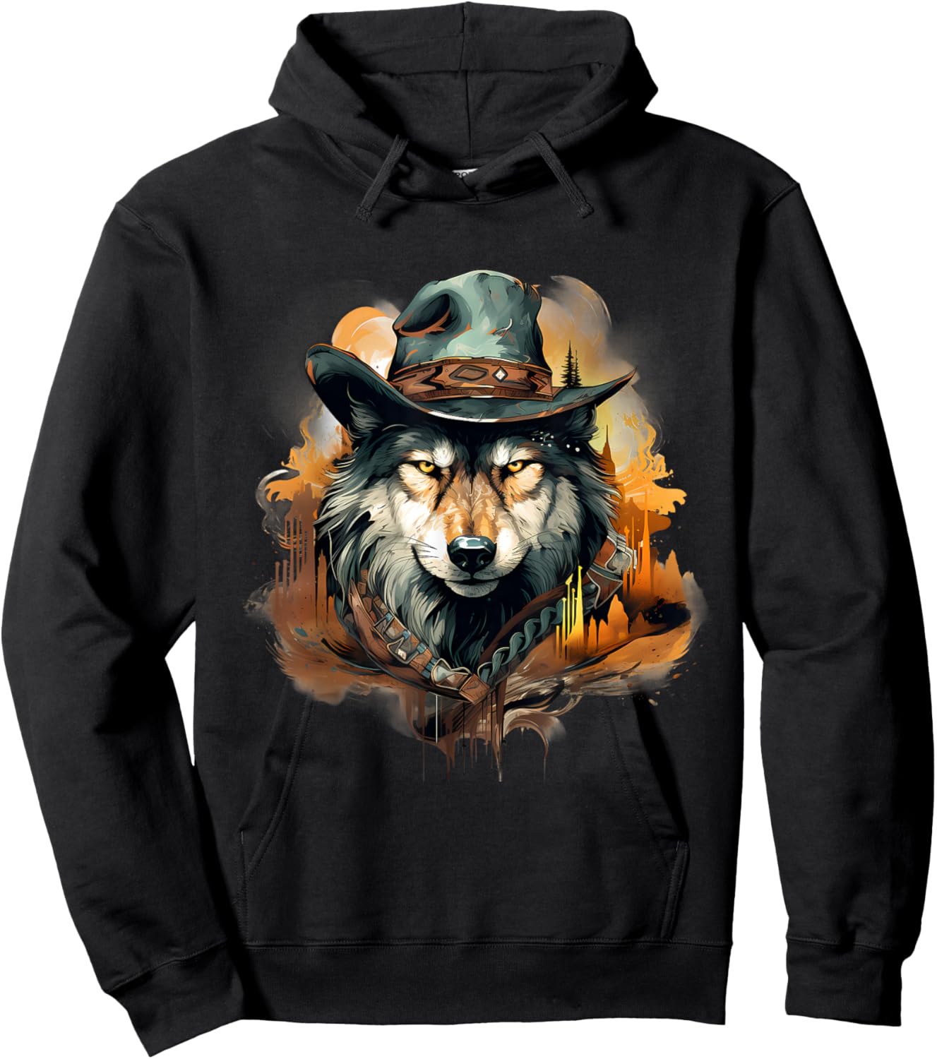 Wolf Animal Art Cowboy Colourful Artwork Animal Lovers Hoodie - Hoodie | Black