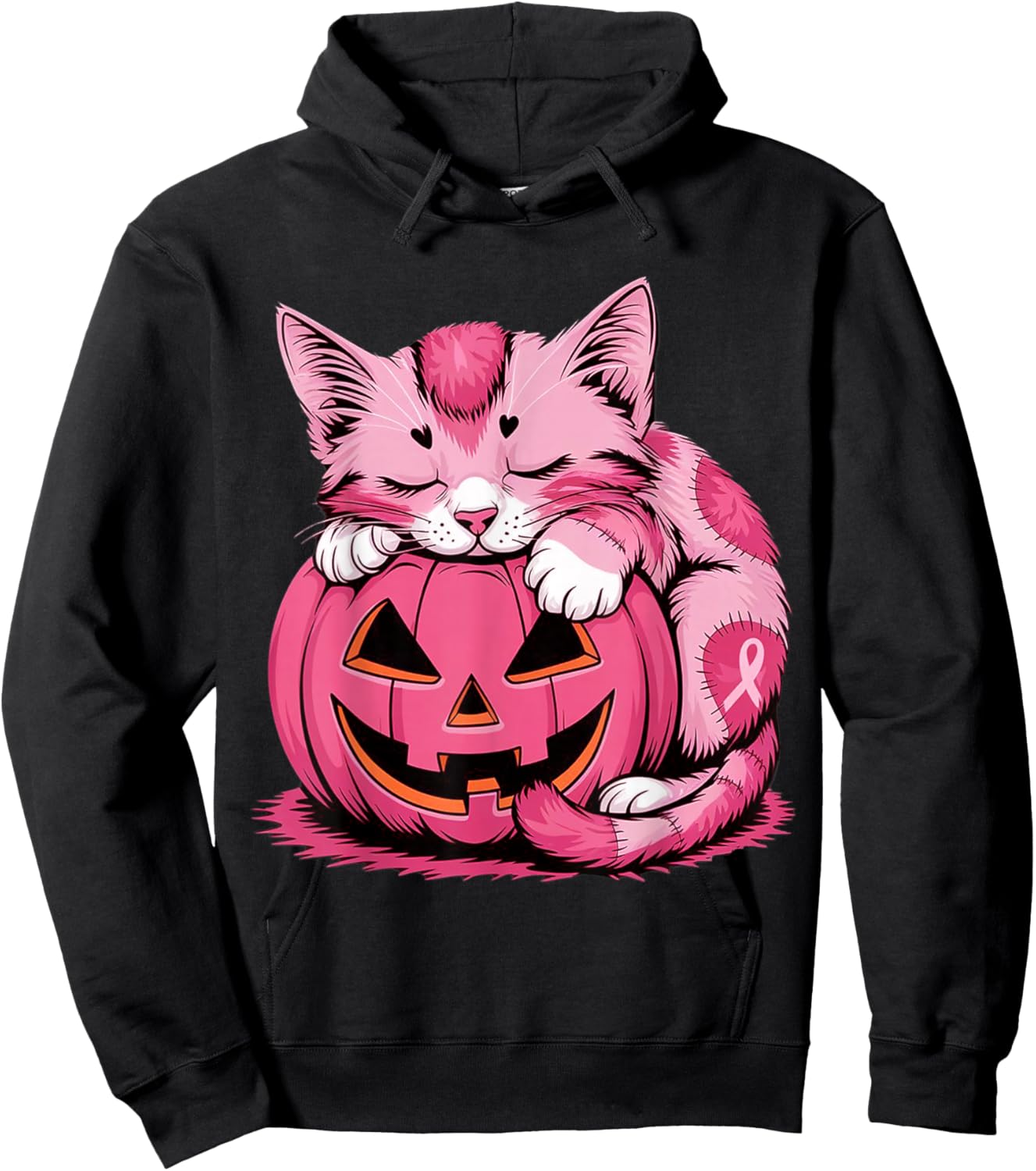 Cute Pink Cat Hugging Pumpkin Breast Cancer Awareness Kitten Hoodie - Hoodie | Black