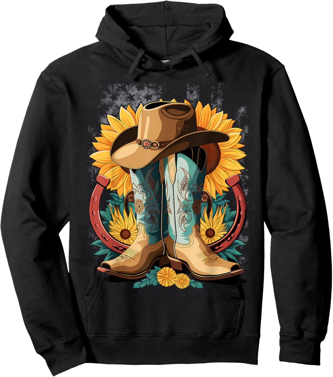 Western Cowboy Boot Horseshoe Sunflower Rope Cowgirl Country Hoodie - Hoodie | Black