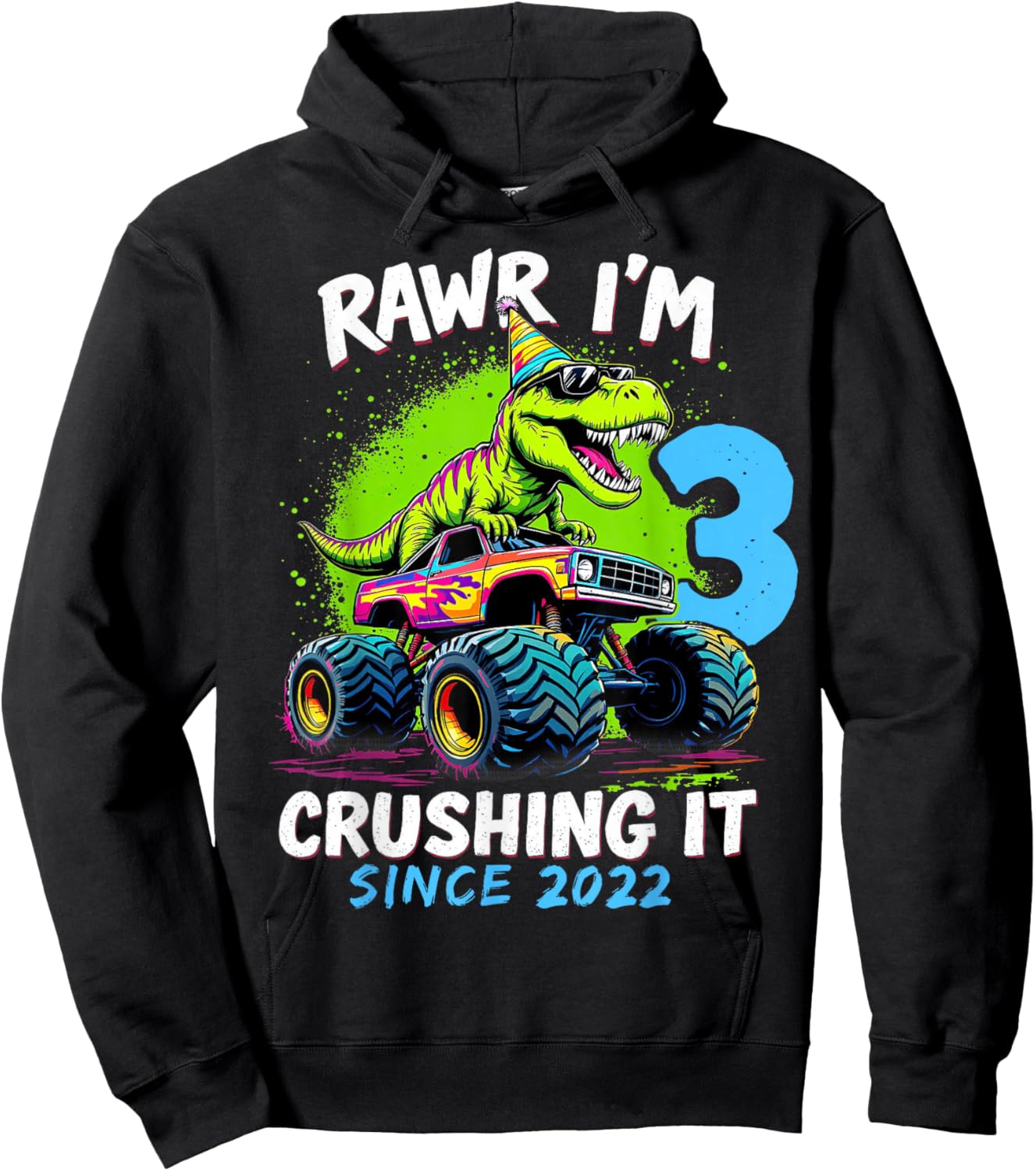 3rd Birthday Monster Truck Dinosaur Party Boys Rawr I'm 3 Hoodie - Hoodie | Black
