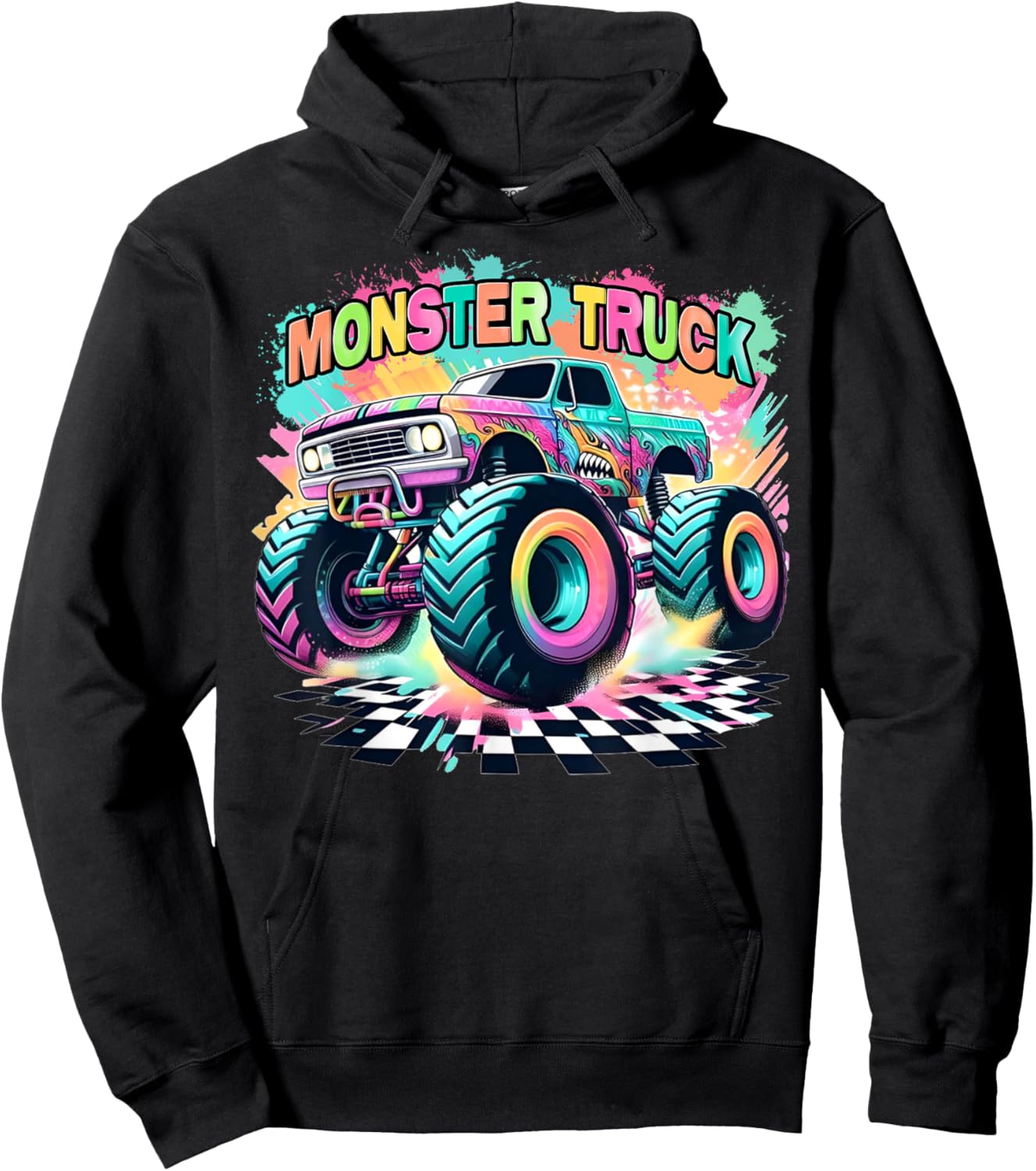 Monster Truck Colorful Birthday Party Retro Trucks Car Lover Hoodie - Hoodie | Black