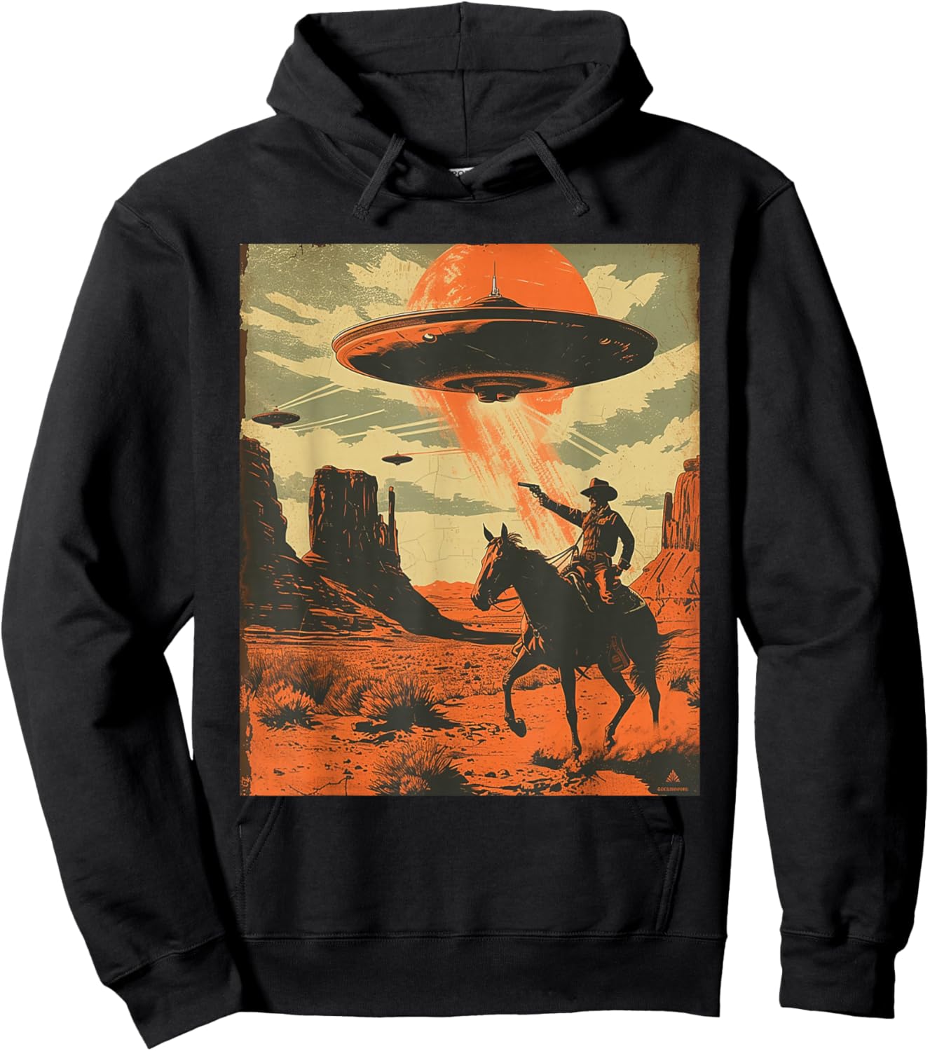 Retro Desert Cowboy Riding Horse Shooting At Space UFO Art Hoodie - Hoodie | Black