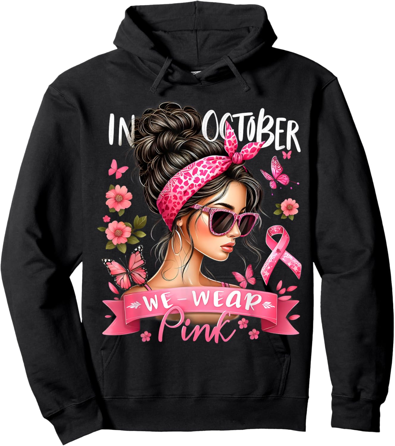 In October We Wear Pink Breast Cancer Awareness Messy Bun Hoodie - Hoodie | Black