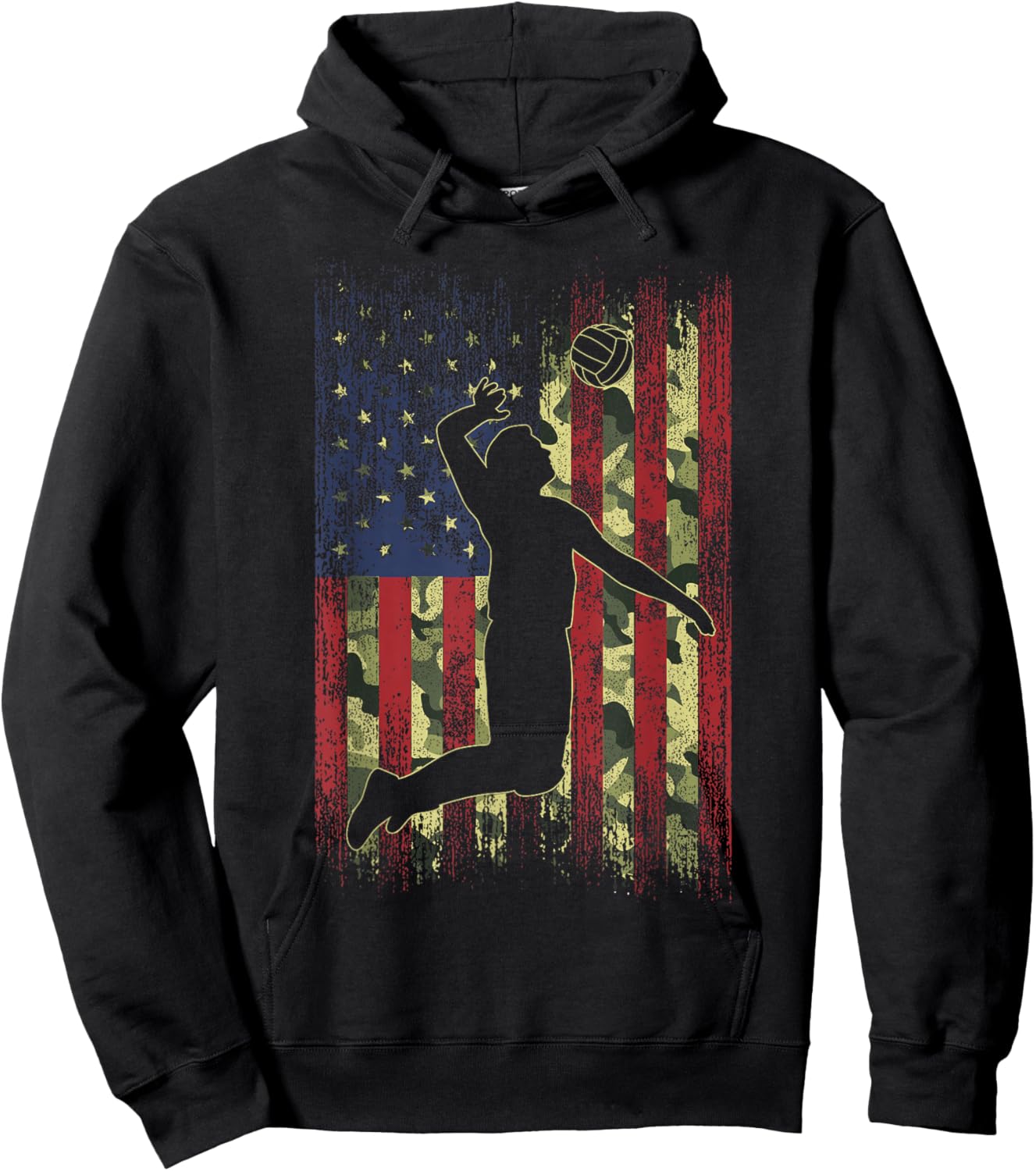 Camo US Flag Volleyball Vintage Patriotic Men Women Kids Hoodie - Hoodie | Black