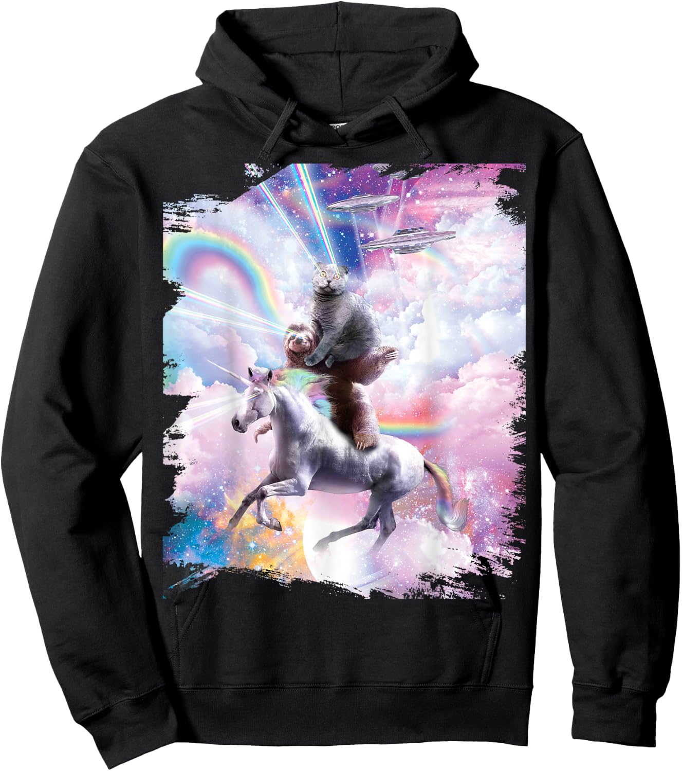 Laser Eyes Space Cat on Sloth Unicorn - Rainbow Hoodie - Hoodie | Black