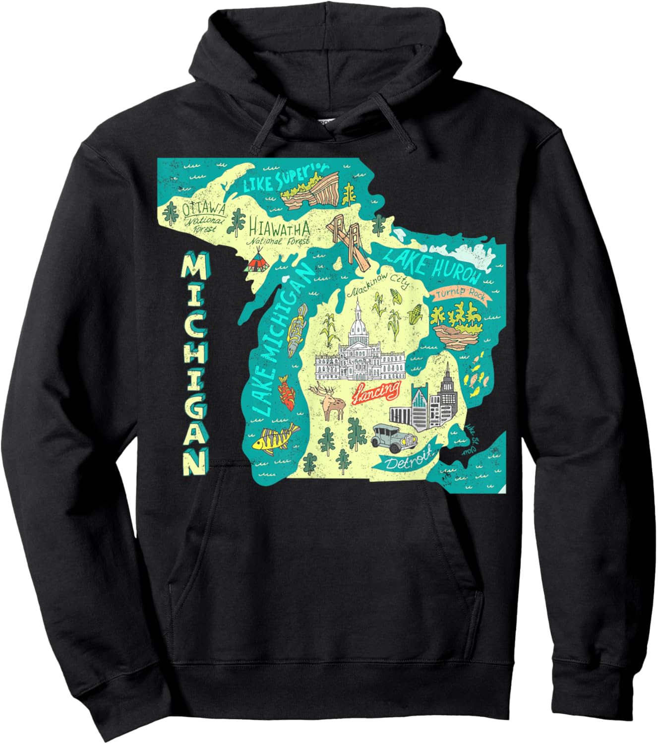 Great Lakes State Map Michigan Vacations Camping Hiking Hoodie - Hoodie | Black